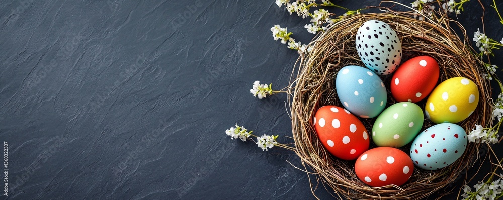 Poster colorful easter eggs resting in a nest with spring flowers on dark background