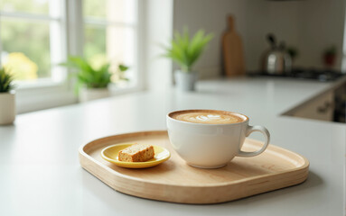 A modern coffee bar scene with a clean white table and delicious cappuchino