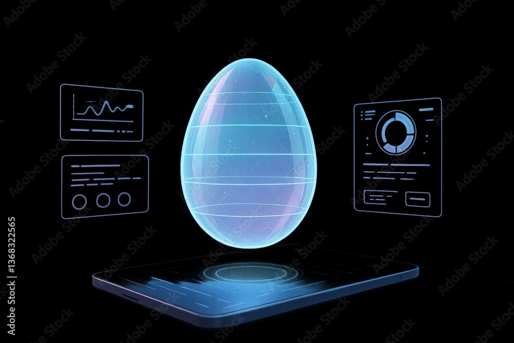 Poster hologram of an egg floating above smartphone with data displayed on virtual screens representing inn