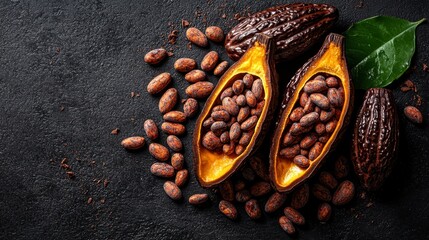 Cocoa Pod Display with Raw Seeds and Dark Rustic Background