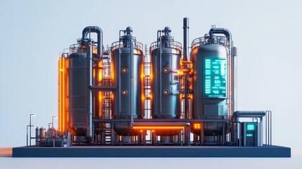 Obraz premium A complex industrial plant with futuristic metal structures and lighting