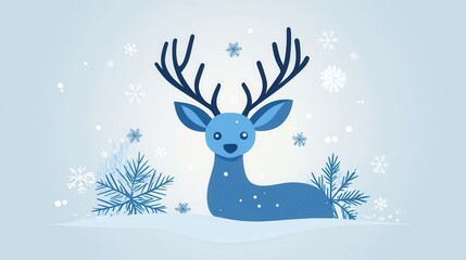 Cute Blue Deer with Snowflakes and Pine Elements
