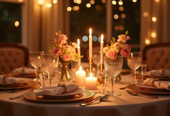 romantic candlelit dinner setup elegant decor intimate ambiance soft lighting table setting luxury dinnerware, plate, napkin, glass, linen, silverware, floral