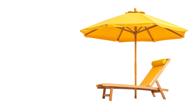 Yellow beach umbrella and wooden deck chair, summer vacation, cut out transparent