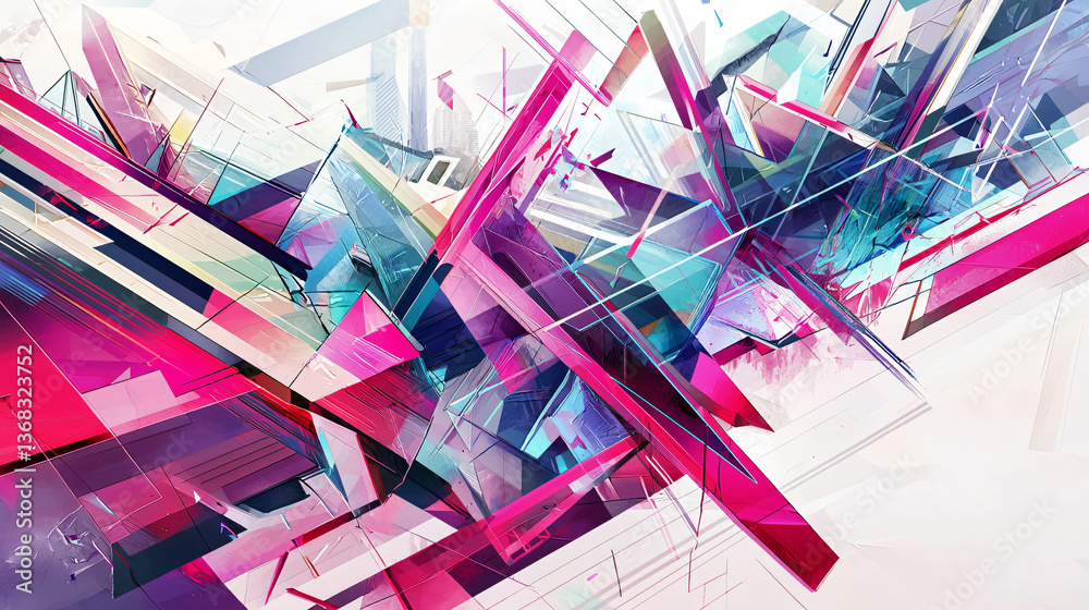 Poster vibrant colorful abstract design comprising geometric shapes interspersed with lines for a dynamic a