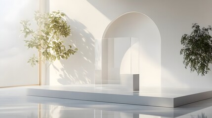 Fototapeta premium 28. A minimalist, transparent podium with sharp edges, placed in a light-filled room with ample space for a modern product display