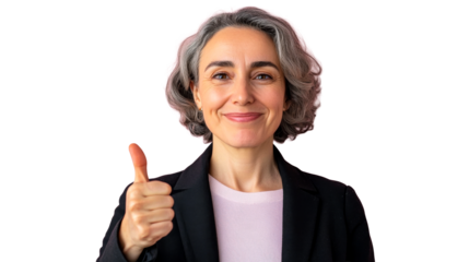 Smiling woman gestures approval with thumbs up, cut out transparent