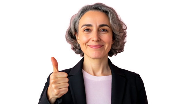 Smiling woman gestures approval with thumbs up, cut out transparent