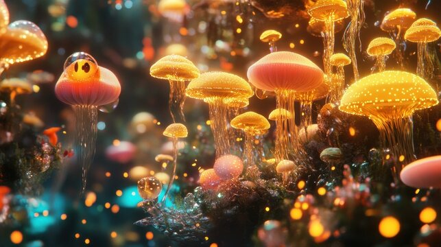 Luminous glowing fungi float in a mesmerizing underwater environment