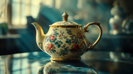 An ornate porcelain teapot decorated with floral designs is presented