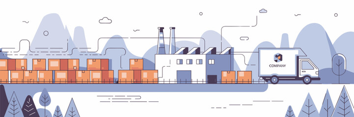 Fototapeta premium Supply chain illustration with factory, boxes, and delivery truck in vector graphic