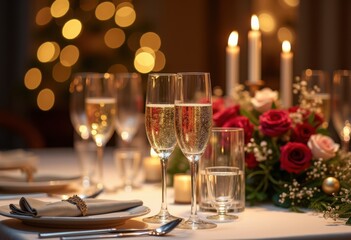 sparkling champagne flutes festive table setting elegant decor celebration gleaming glassware holiday party toasting, elegance, shine, sparkle, decoration