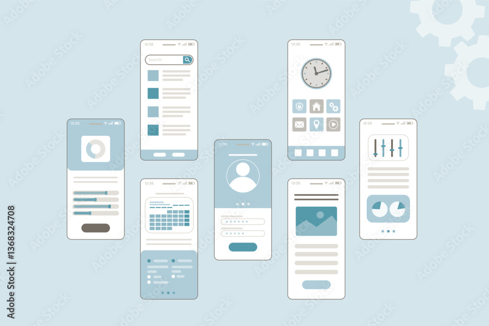 Wall mural ui, ux, gui screenshot kit. shopping app design template for mobile apps. responsive website wirefra