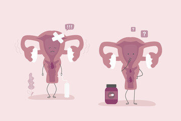 Two unhappy uterus organs with pills and cotton tampon. Sick womb mascot. Menstrual period, PMS and ovulation, menstruation control, treatment. Women reproductive system.