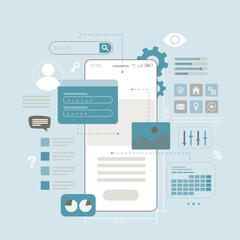 Various icons on smartphone screen. Concept of app development and ui ux design. Designing interface for apps