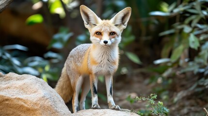Fototapeta premium A beautiful desert fox stands proudly and looks directly at the viewer