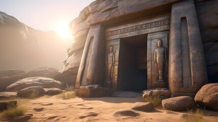 A Timeless Ancient Egyptian Portal with Luminescent Hieroglyphs Bathed in Golden Light Among Rolling Dunes