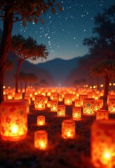 traditional lanterns glowing night sky decorative illumination ethereal light festival, celebration, twilight, ceremony, ambient, dusk, flare, ornament