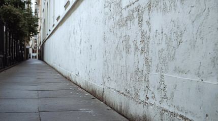 A narrow alleyway with a weathered wall and a glimpse of trees at the end of the pathway