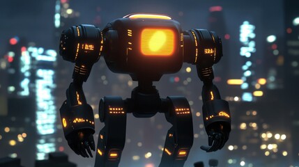 A Futuristic Robot Standing Prominently Against A City Background