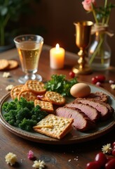 traditional seder plate featuring symbolic foods vegetables matzah charoset maror saltwater parsley egg roast shank bone cultural heritage, pesach, passover