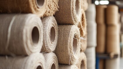 Close-up of rolls of jute fabric stacked in the warehouse, product photo for commercial use
