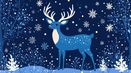 Blue Reindeer in Winter Wonderland Background