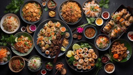 Fototapeta premium High-angle, full shot of various Asian dishes arranged on a dark stone surface.