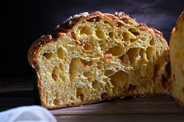Easter Colomba cake  or Colomba pasquale in Italy on dark background