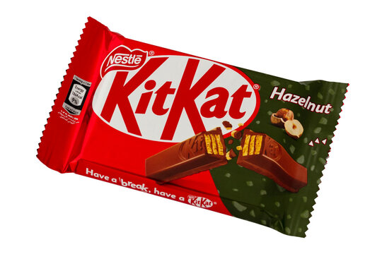 KitKat wafer bar, dark chocolate with hazelnuts. Take a break, eat a Kit Kat. Isolated object on transparent background