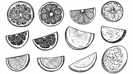 Hand-Drawn Citrus Fruits Collection in Black and White Style