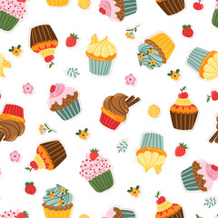 Сupcakes with berries, flower, cinnamon seamless pattern. pastry texture holiday, fabric, wallpaper