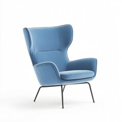 Comfy blue armchair with high back, metal legs, isolated on white background