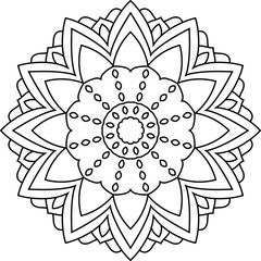 Intricate black and white mandala with a central circle, radiating symmetrical patterns of petals, leaves, and dots. Clean lines create balance and harmony. A modern take on traditional mandala art