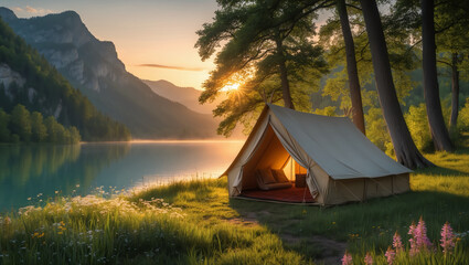 Camping scenery, a small tent on the edge of a serene mountain lake, golden sunrise reflecting on the water, surrounded by wildflowers and tall trees