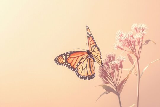 A monarch butterfly delicately lands on a wildflower in a serene, soft-toned composition, showcasing the beauty of nature.