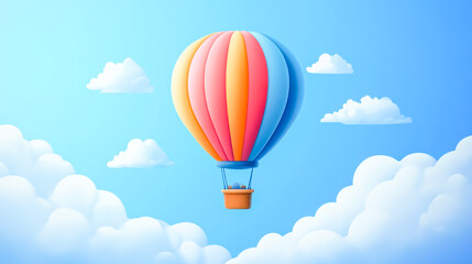 Naklejka premium A colorful hot air balloon icon gracefully floating in a bright blue sky with soft, fluffy clouds