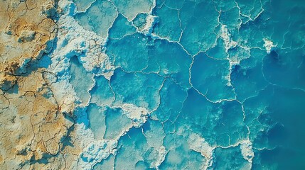 Aerial view of a salt flat, showcasing intricate patterns of dried mineral formations.  Cracks and pools of varying shades of blue and white