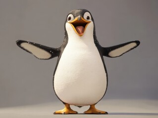 Adorable Cartoon Penguin Character, Happy Bird, 3D Render, Wings Outstretched