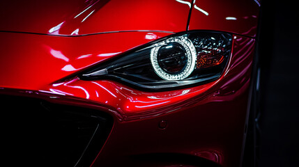 Close up of a red car with a bright headlight shining in the dark studio environment showcasing design