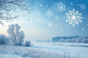 A serene winter wonderland unfolds, a breathtaking snowy landscape with glistening frost-covered trees and softly falling snowflakes.
