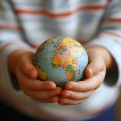 Child holds small world globe