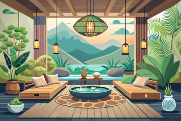 Fototapeta premium vector of Serene Zen Lounge: Tranquil and stylish interior design of a modern zen lounge featuring natural elements, organic textures, and a calming atmosphere.