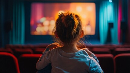 Naklejka premium Little girl watching a movie at the cinema, immersed in the story