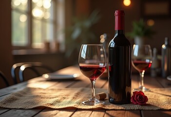 rich red wine bottle rustic wood table classic sophisticated beverage arrangement, glass, antique, drink, liquid, pour, grapes, vineyard, merlot, syrah