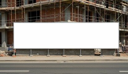 Obraz premium Blank billboard at construction site on urban street showcasing space for advertisement. Reflects development and commercial use.