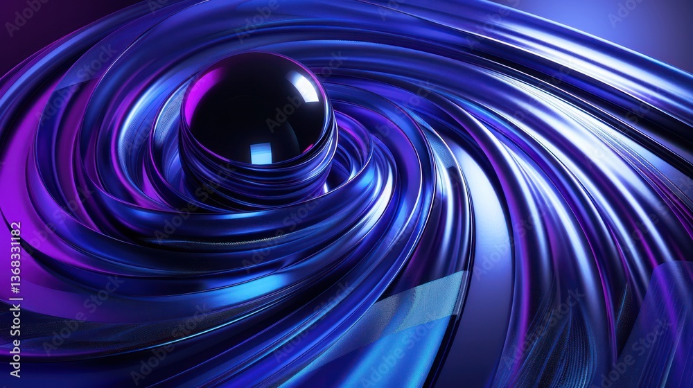 Wall mural abstract dark black gloss round background with metallic blue and purple curves, spirals and shiny b