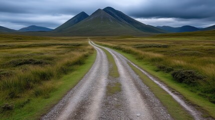 A gravel road winds through a grassy valley, leading to distant mountains under a cloudy sky.  A tranquil, scenic landscape