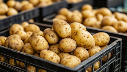 Box of freshly harvested potatoes from the farm