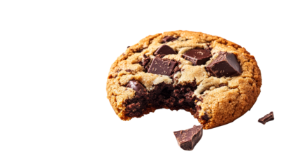 Chocolate chunk cookie with missing bite, decadent dessert, cut out transparent